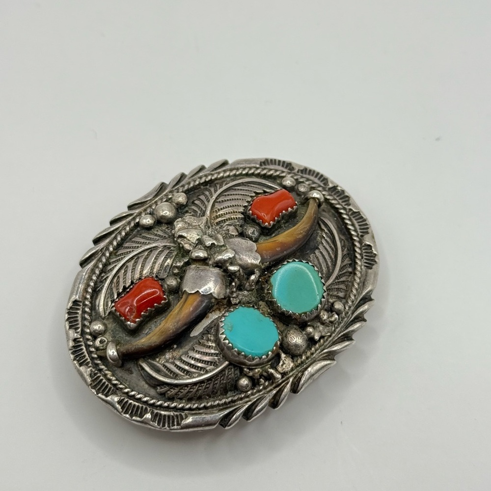 Vintage Navajo Silver Belt Buckle with Turquoise and Corail